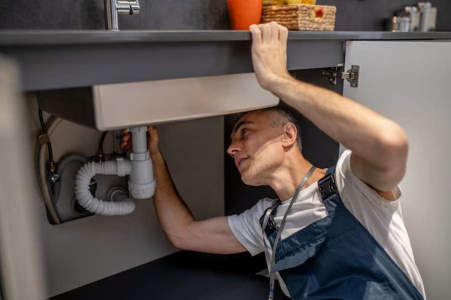 Licensed plumber repairing pipes under a sink