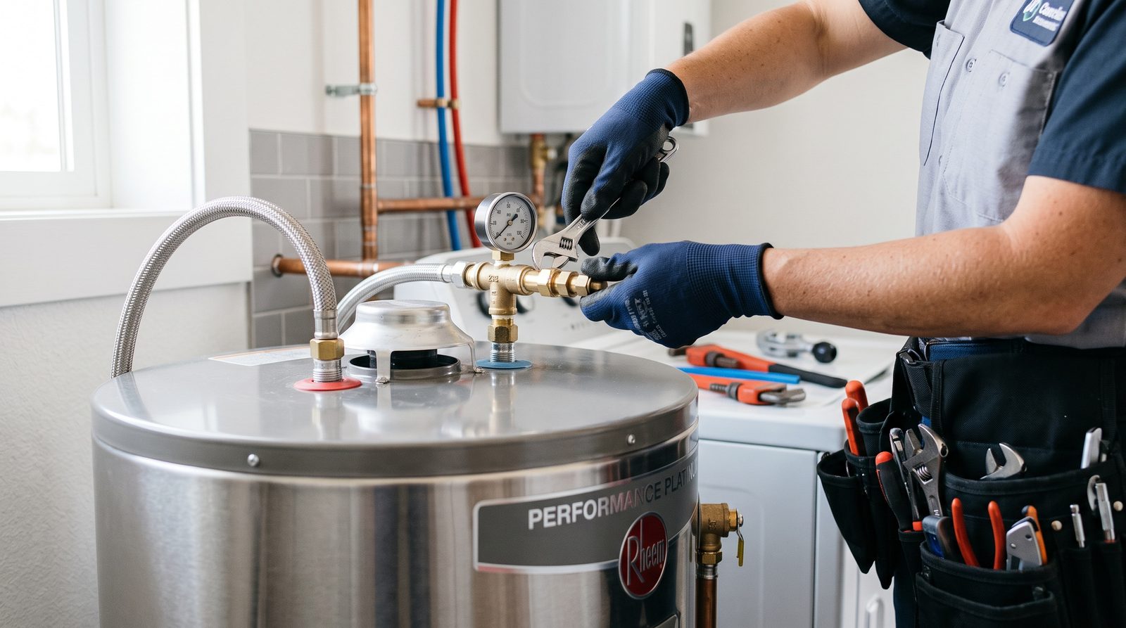 Licensed technician's hands adjusting a valve and gauge on a tank water heater during a repair in a bright home utility room