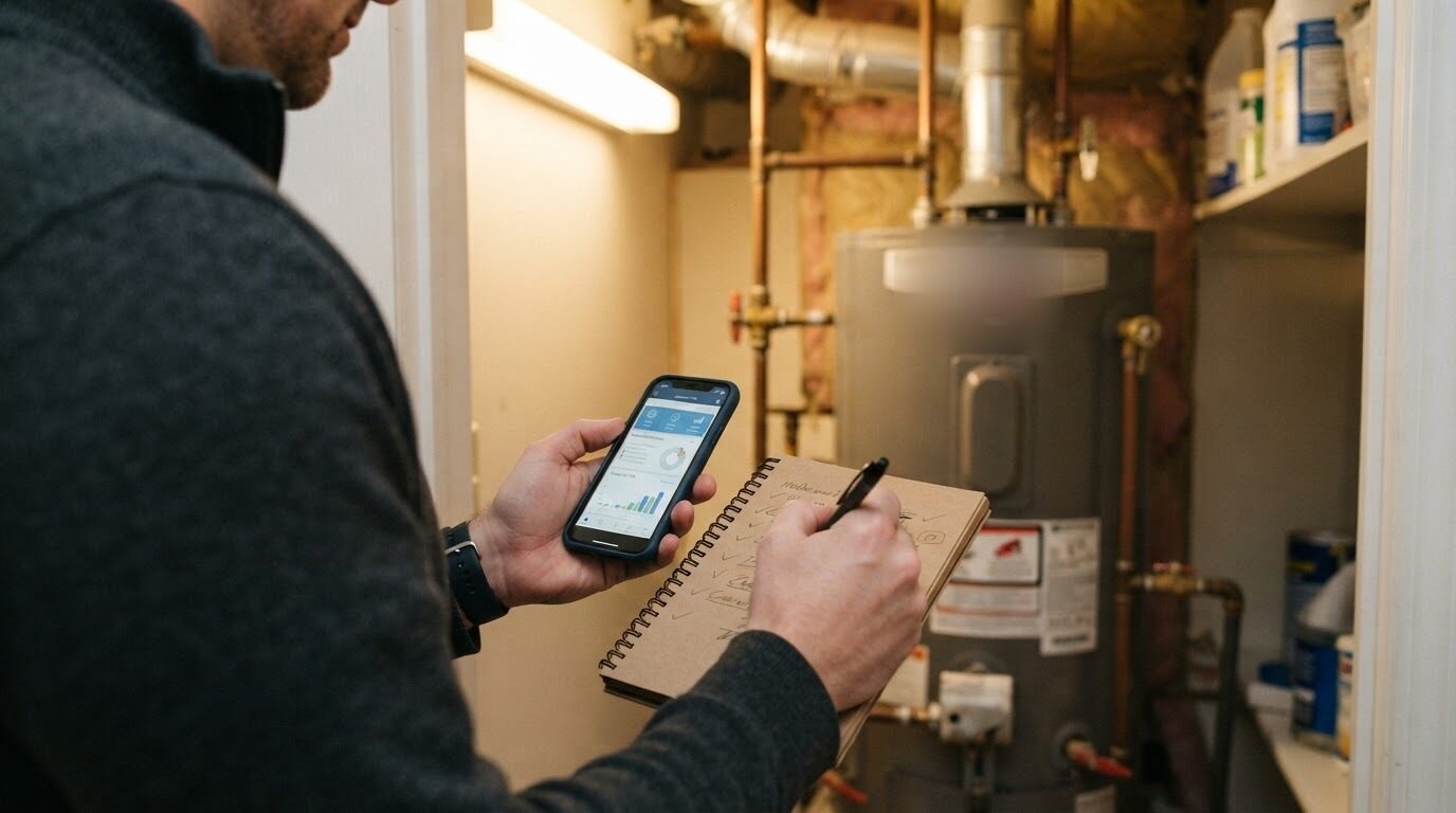 Notepad, checklist, and reference materials laid next to a residential water heater for research on repair and maintenance guidance