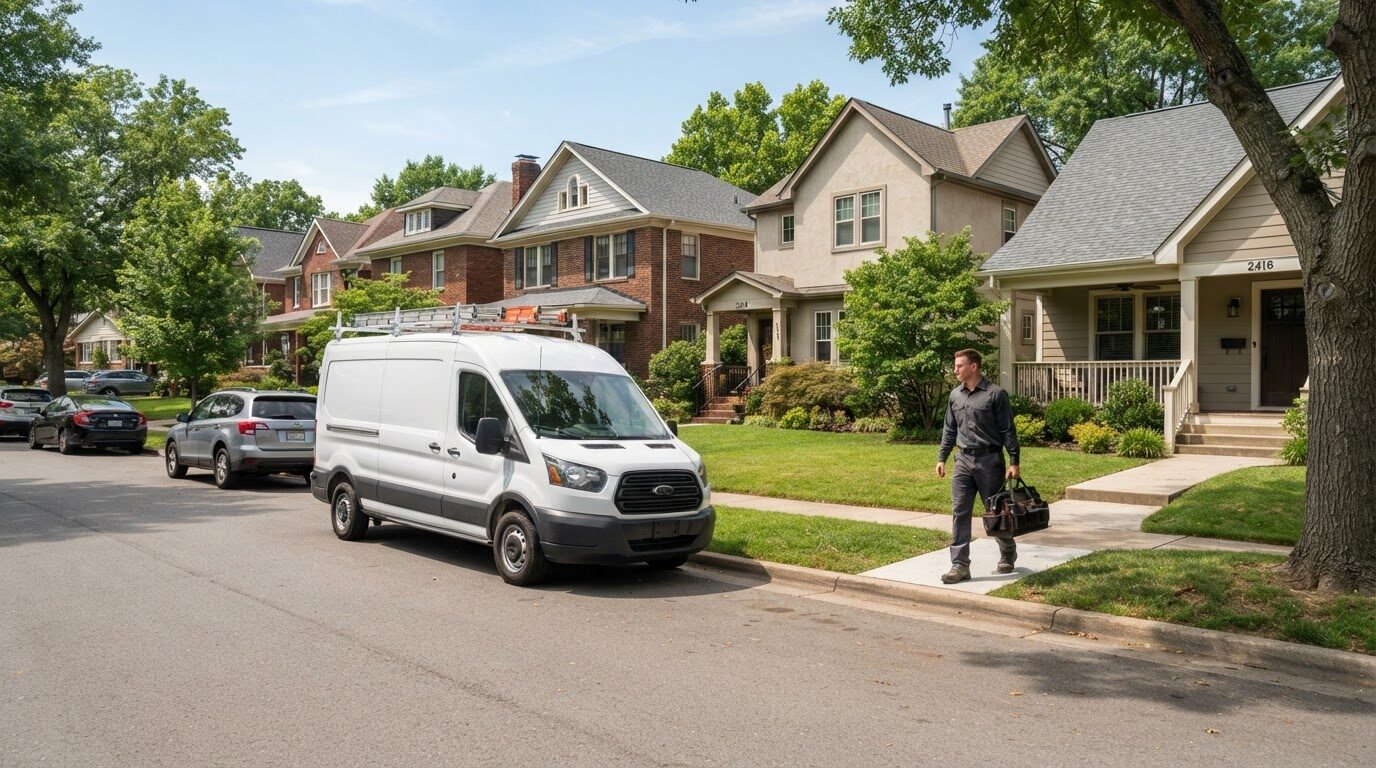 Water heater service van parked on a suburban street with a technician carrying tools toward a home for a scheduled appointment