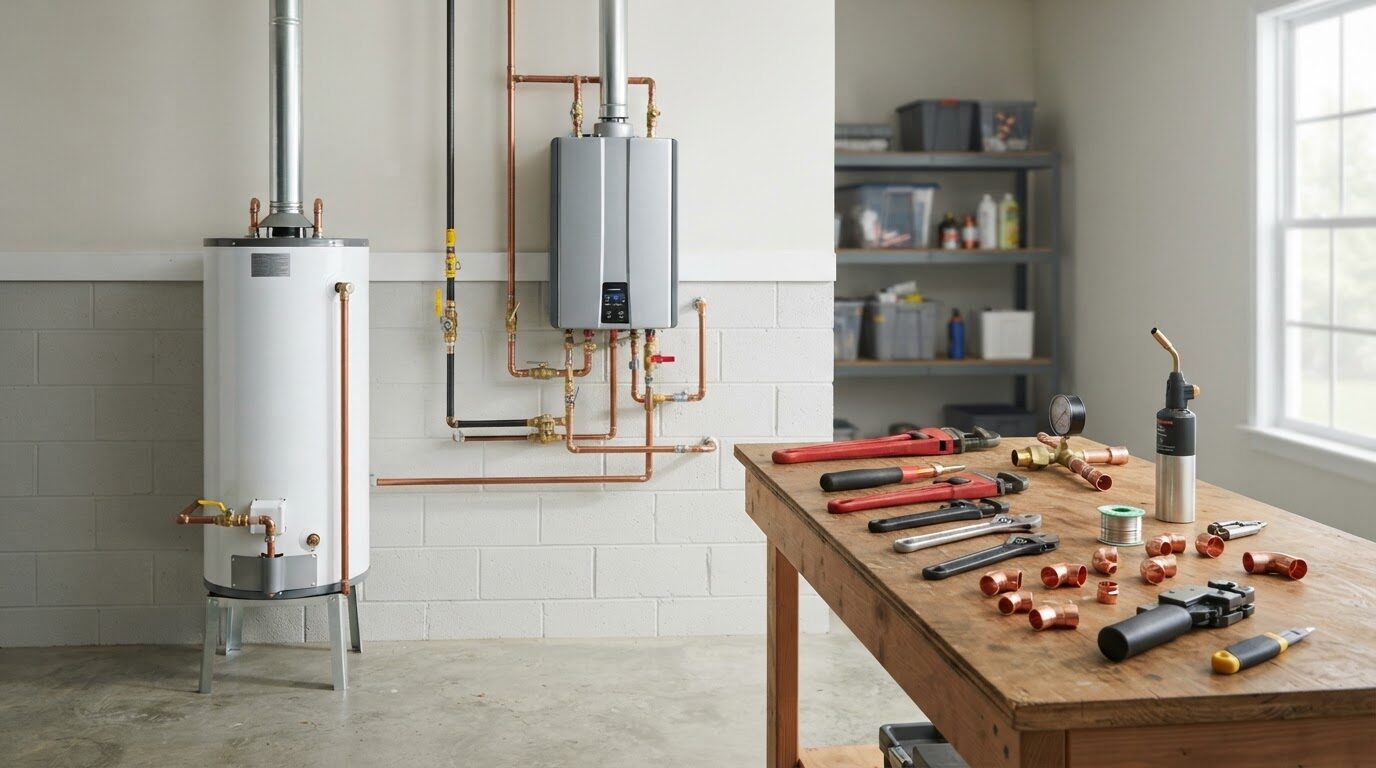 Tank water heater and wall-mounted tankless unit with plumbing tools and copper fittings laid out on a workbench in a bright garage