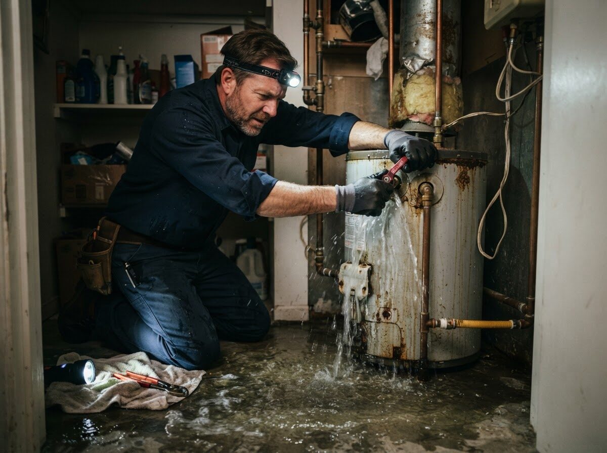 Plumber wearing a headlamp kneeling on a wet floor using a wrench on a corroded, actively leaking tank water heater during an after-hours emergency call