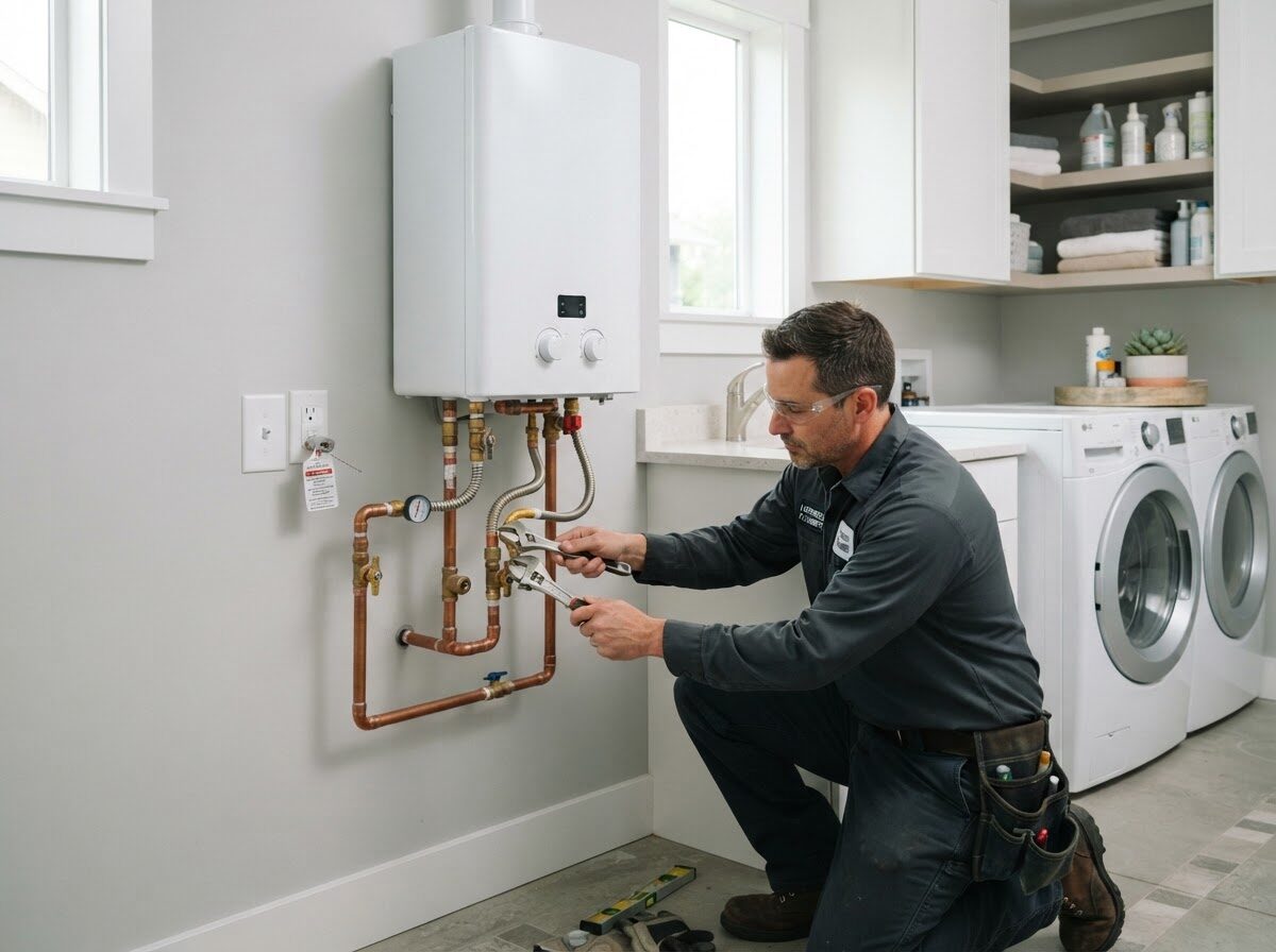 Licensed plumber kneeling in a laundry room using two wrenches to connect copper gas and water lines to a newly wall-mounted tankless water heater