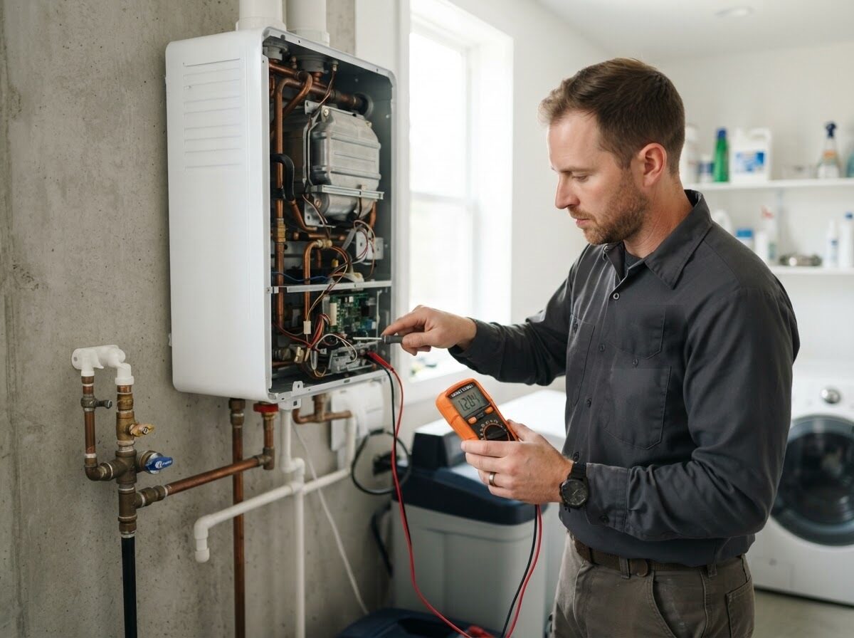 Technician using a digital multimeter to test the circuit board and internal wiring of an open tankless water heater panel