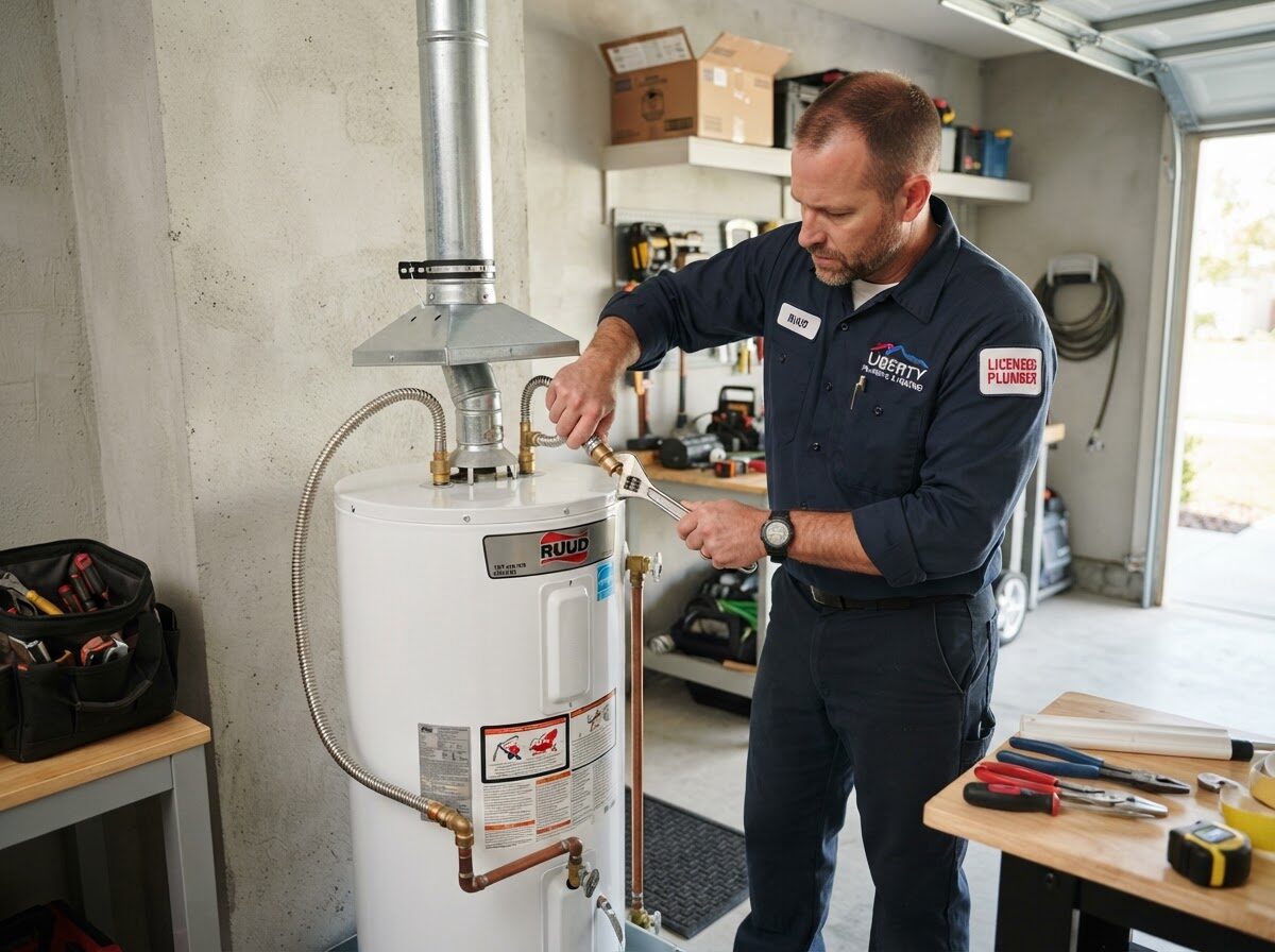 Licensed plumber connecting the gas line fitting on a newly installed tank water heater in a home garage