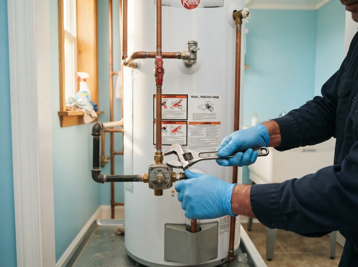 Licensed plumber in blue gloves using a wrench on the gas control valve of a tank water heater during a repair