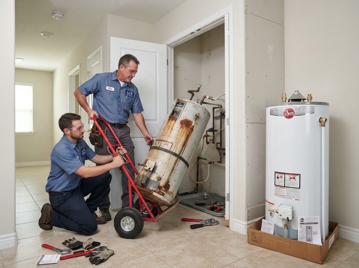 Two licensed plumbers using a hand truck to remove an old rusted water heater next to a new replacement unit